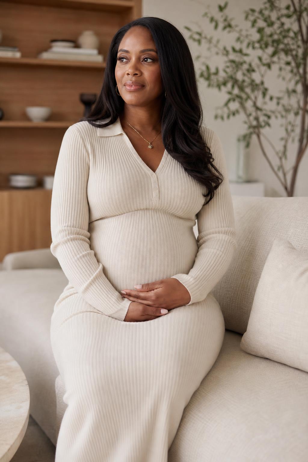 A stylish pregnant Black woman seated in a bright, refined private sitting room wearing a soft neutral knit dress